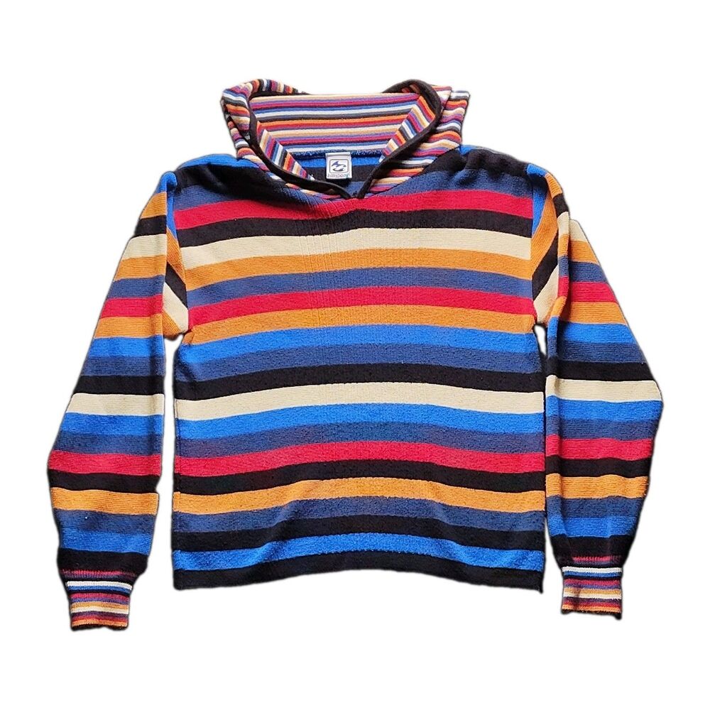 BILLABONG Men L Flecker Diego Pullover Rainbow Striped Knit Hoodie Retro